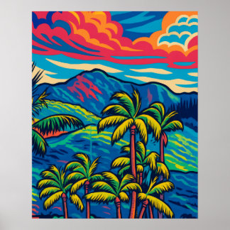 Tropische palmbomen en Ko'olau Mountain Pop Art Poster