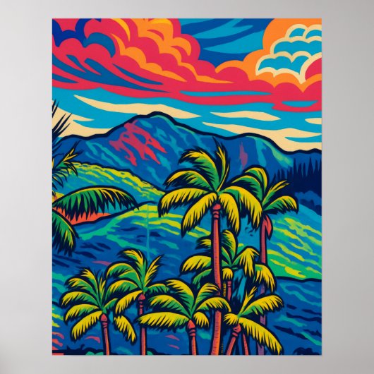 Tropische palmbomen en Ko'olau Mountain Pop Art Poster (Voorkant)