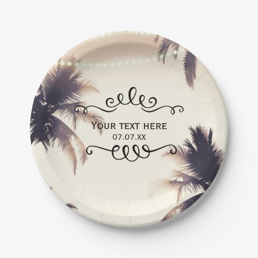 Tropische palmbomen en lampjes, droom van kreuken papieren bordje (Voorkant)