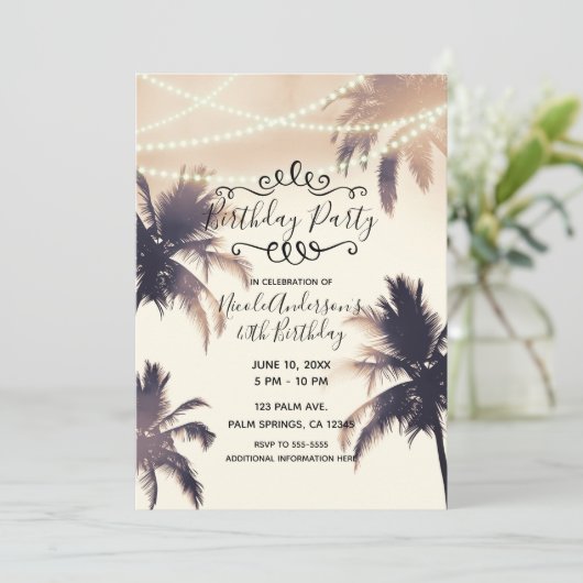 Tropische palmbomen en lampjes op de Birthday Part Kaart (Staand voorkant)