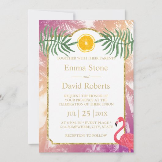 Tropische palmbomen en Oranje fruitzomerbruiloft Kaart (Voorkant)