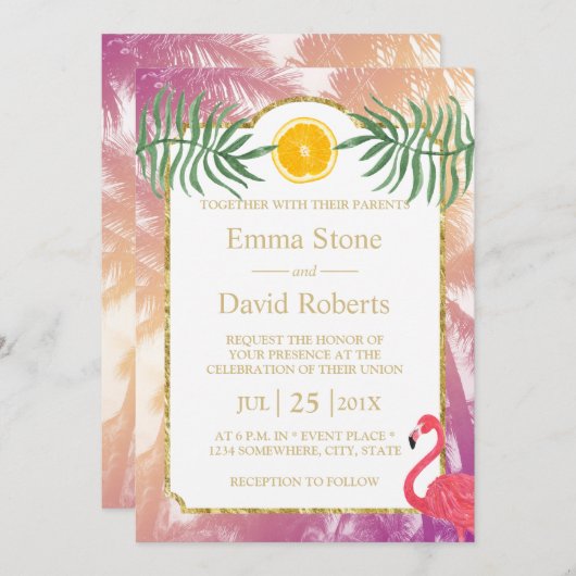 Tropische palmbomen en Oranje fruitzomerbruiloft Kaart (Voorkant / Achterkant)