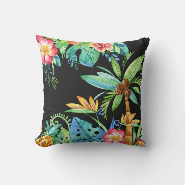 Tropische palmbomen en platte Waterverf zwart Buitenkussen (Voorkant)