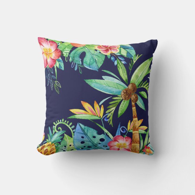 Tropische palmbomen en Waterverf marineblauw Buitenkussen (Voorkant)