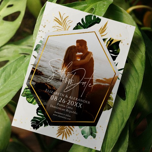 Tropische palmbomen Foto verguld Save the Date Kaart