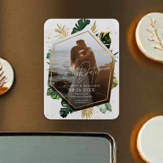 Tropische palmbomen Foto verguld Save the Date Magneet