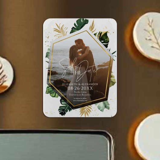 Tropische palmbomen Foto verguld Save the Date Magneet