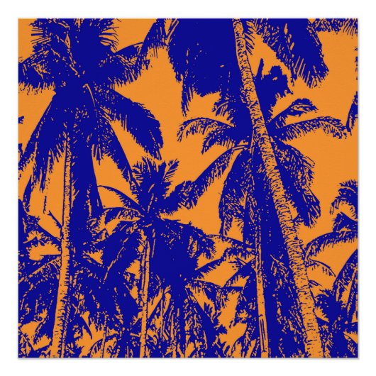 Tropische palmbomen in blauw en Oranje Perfect Poster (Voorkant)