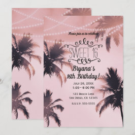 Tropische palmbomen & lichten Roze strand Sweet 16 Kaart