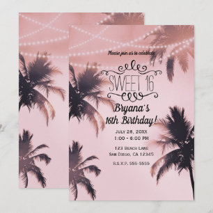 Tropische palmbomen & lichten Roze strand Sweet 16 Kaart