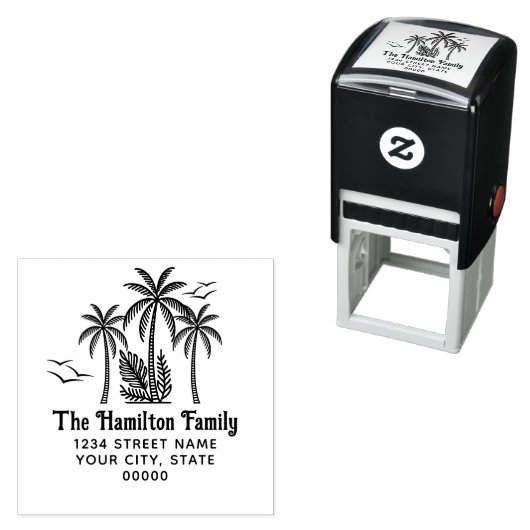 Tropische palmbomen, meeuwen familienaam adres SQ Zelfinktende Stempel (In situ)