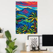 Tropische palmbomen met Ko'olau Mountain Pop Art Poster (Thuiskantoor)