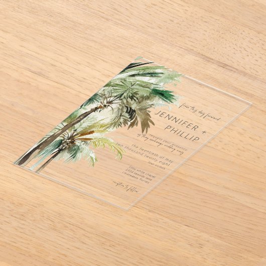 Tropische palmbomen moderne bruiloft acryl uitnodigingen (Laagn)