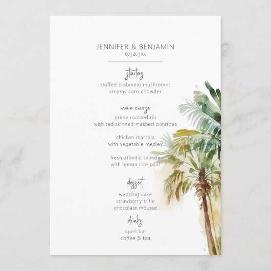 Tropische palmbomen moderne bruiloft menu (Voorkant)
