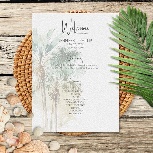 Tropische palmbomen moderne bruiloft programmakaart