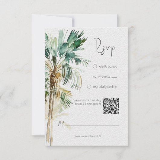 Tropische palmbomen moderne bruiloft QR code RSVP Kaartje (Voorkant)