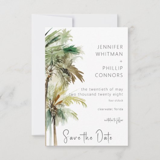Tropische palmbomen moderne bruiloft save the date (Voorkant)