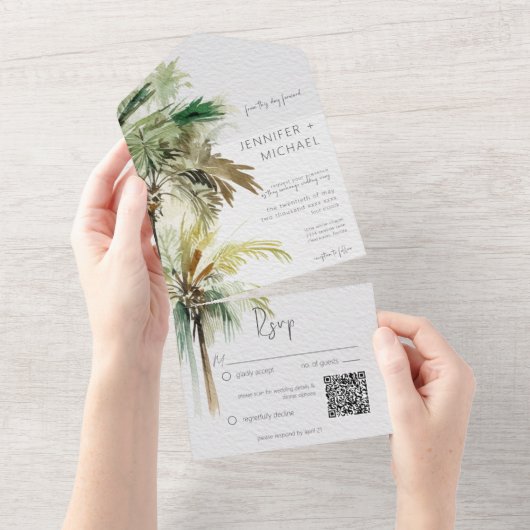 Tropische palmbomen Moderne QR-code All In One Uitnodiging (Afscheurbaar)