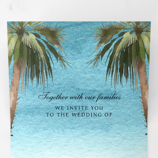 Tropische palmbomen Moderne QR-code Beach Weddensc Drieluik Uitnodiging (Binnenzijde eerst)