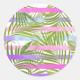 Tropische palmbomen moderne roze vioolstrepen ronde sticker