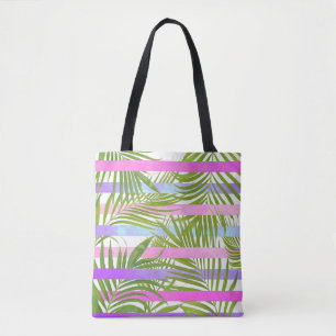 Tropische palmbomen moderne roze vioolstrepen tote bag