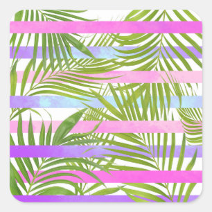 Tropische palmbomen moderne roze vioolstrepen vierkante sticker