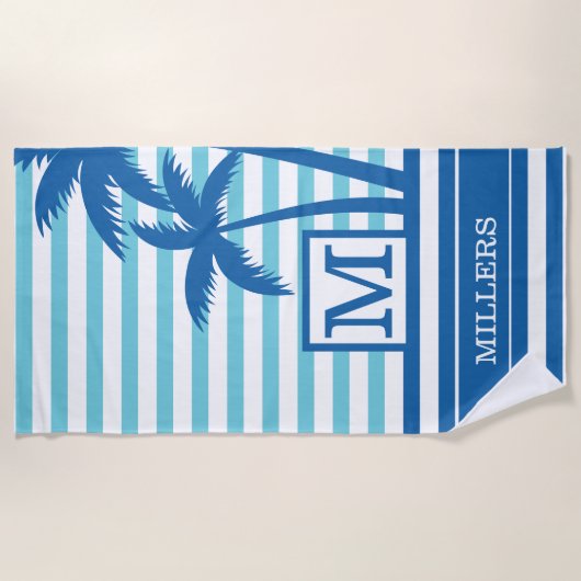 Tropische palmbomen Monogram Naam Aqua Blue Stripe Strandlaken (Voorkant)