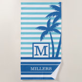 Tropische palmbomen Monogram Naam Aqua Blue Stripe Strandlaken (Voorkant)