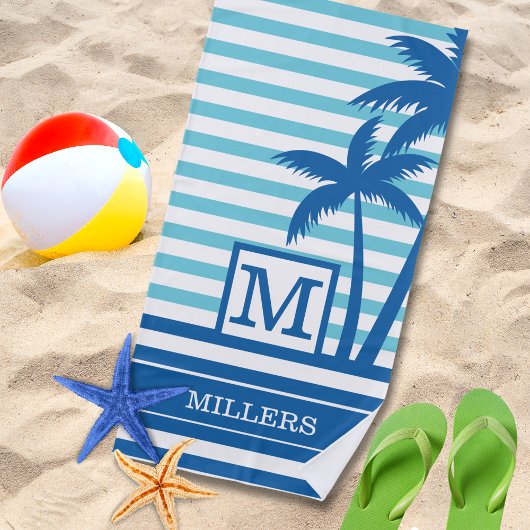 Tropische palmbomen Monogram Naam Aqua Blue Stripe Strandlaken