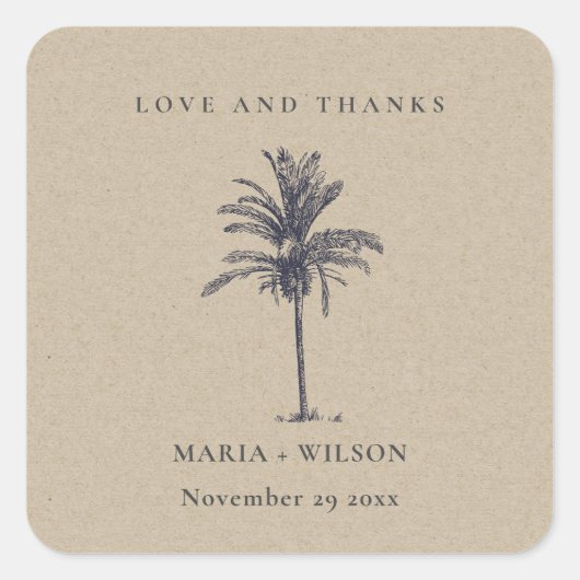 Tropische palmbomen Navy Kraft Weddenschap Bedankt Vierkante Sticker (Voorkant)