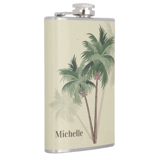 Tropische  palmbomen op Bleek groen Heupfles (Rechts)