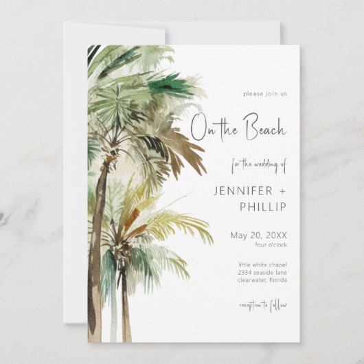 Tropische palmbomen op het strand Moderne bruiloft Kaart (Voorkant)
