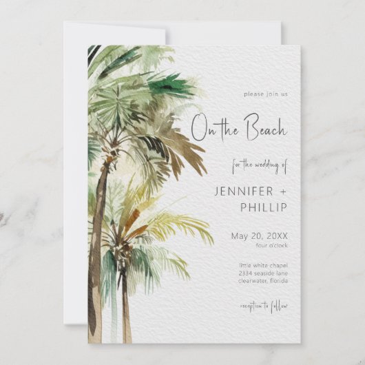 Tropische palmbomen op het strand Moderne bruiloft Kaart (Voorkant)