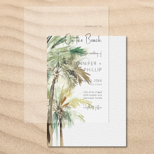 Tropische palmbomen op het strand Moderne bruiloft Vellum Uitnodigingen
