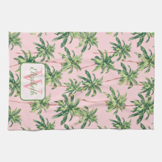 Tropische palmbomen op roze gepersonaliseerd theedoek (Horizontaal)