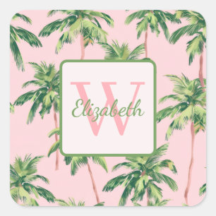 Tropische palmbomen op roze gepersonaliseerd vierkante sticker