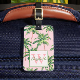 Tropische palmbomen op roze monogram bagagelabel