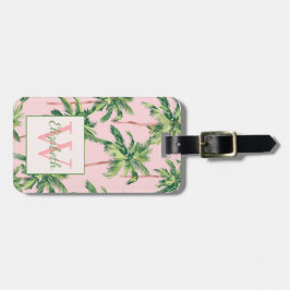 Tropische palmbomen op roze monogram bagagelabel