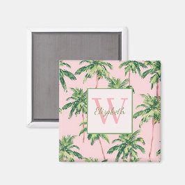Tropische palmbomen op roze monogram magneet