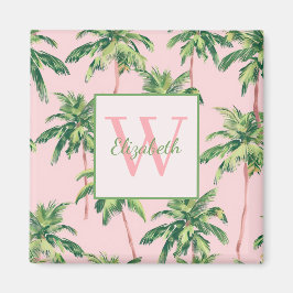 Tropische palmbomen op roze monogram magneet