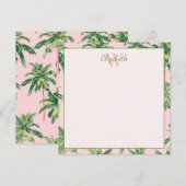 Tropische palmbomen op roze monogram notitiekaartje (Voorkant / Achterkant)