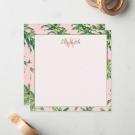 Tropische palmbomen op roze monogram notitiekaartje