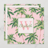 Tropische palmbomen op roze monogram notitiekaartje (Voorkant / Achterkant)