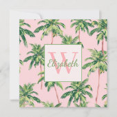 Tropische palmbomen op roze monogram notitiekaartje (Voorkant)