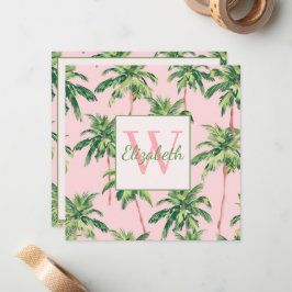 Tropische palmbomen op roze monogram notitiekaartje