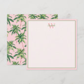 Tropische palmbomen op roze monogram notitiekaartje (Voorkant / Achterkant)
