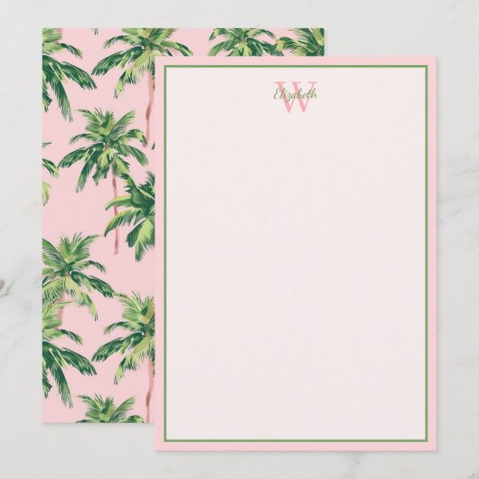 Tropische palmbomen op roze monogram notitiekaartje (Voorkant / Achterkant)