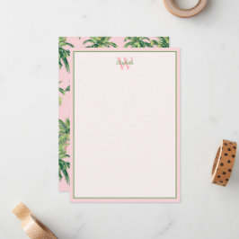 Tropische palmbomen op roze monogram notitiekaartje