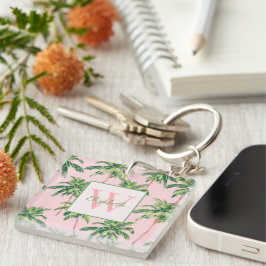 Tropische palmbomen op roze monogram sleutelhanger