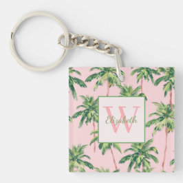 Tropische palmbomen op roze monogram sleutelhanger